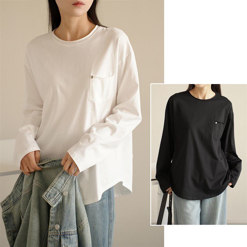 水洗棉 弧形女士打底衫 圆领口袋长袖 宽松套头T恤 25年春装 新款