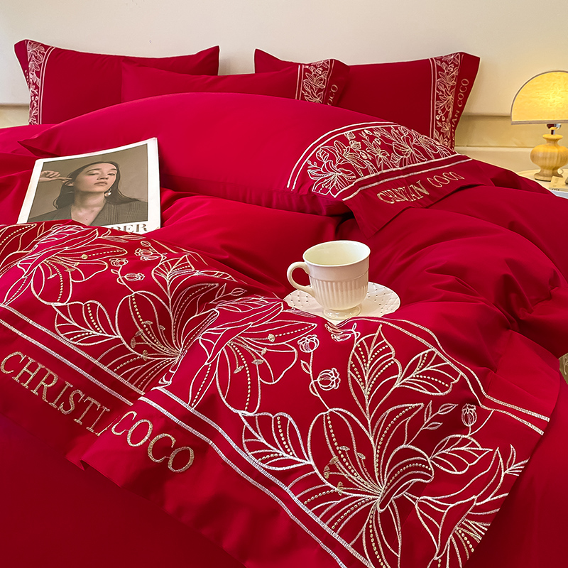 结婚四件套床上用品大红色喜嫁被套新婚床单双人喜被婚庆婚嫁2.0m