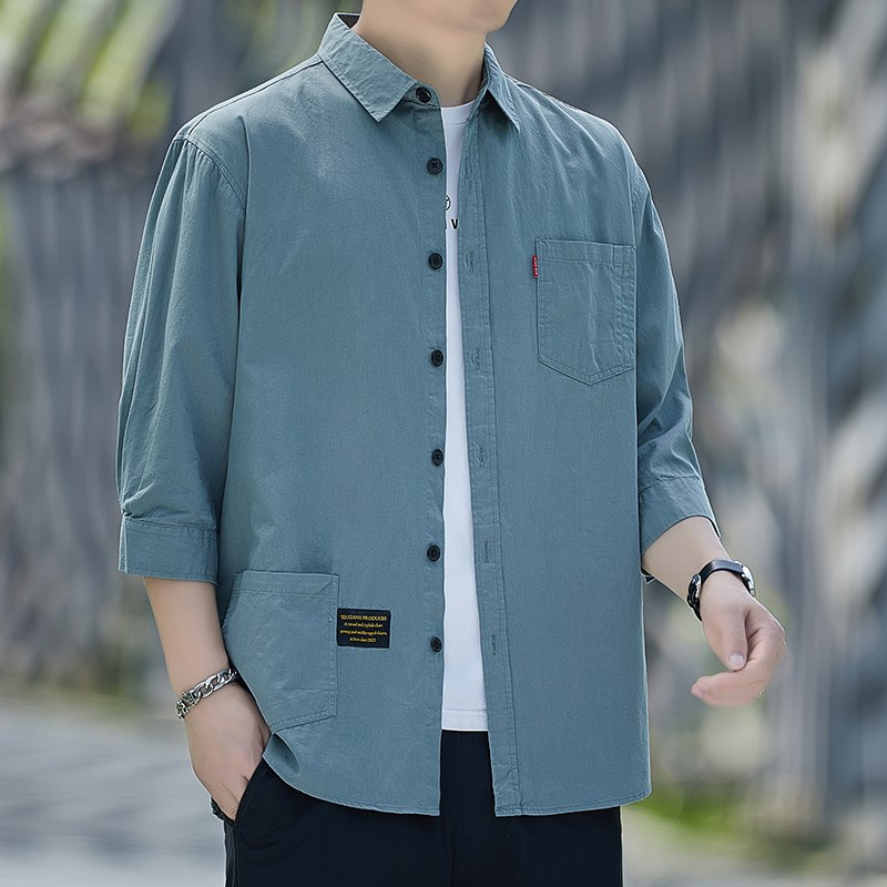 春季纯棉七分袖男士衬衫2025新款休闲衬衣长袖工装7分袖男款外套
