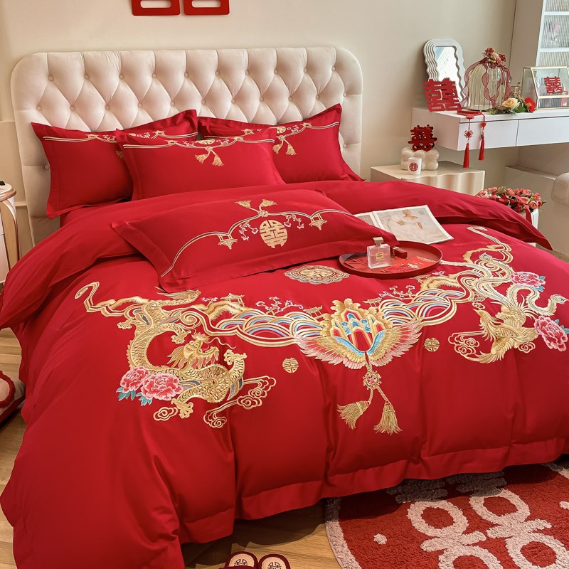 中式龙凤刺绣四件套结婚大红色婚嫁被套纯棉床单喜被婚庆床上用品