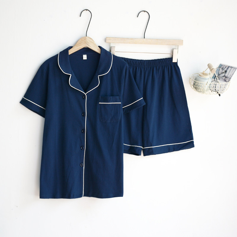 日系清新!情侣睡衣男女夏季纯棉针织宽松简约短袖短裤家居服套装