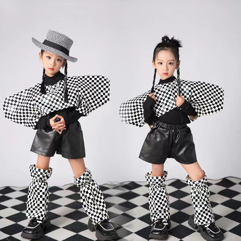 女童元宇宙科技感走秀潮服 少儿皮衣摇滚风车模演出服黑白棋盘新