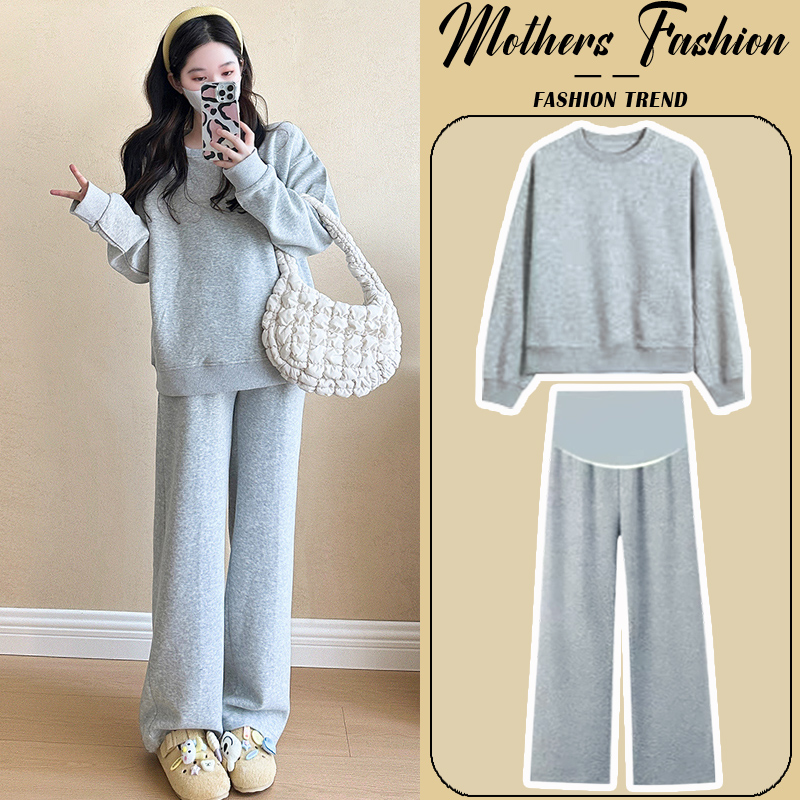 孕妇套装春秋2024新款浅灰色宽松圆领休闲运动卫衣显瘦上衣两件套