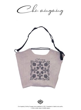 CHU楚妞[提花]亚麻刺绣手提袋春季新款女可折叠手提单肩包