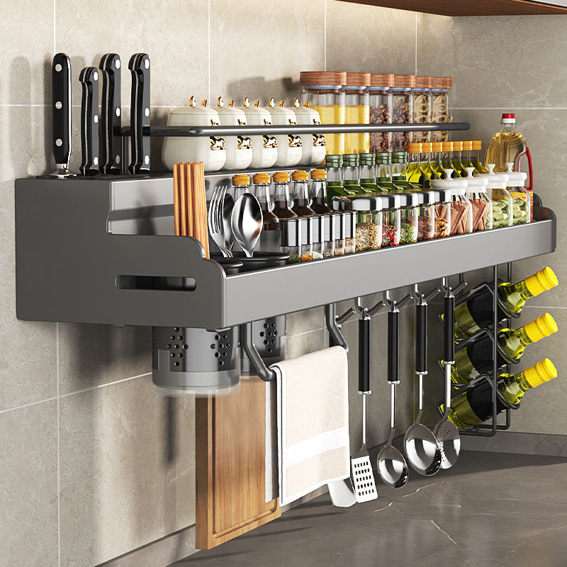 枪灰不锈钢免打孔厨房壁挂式调味料用品置物架多功能刀架收纳架子