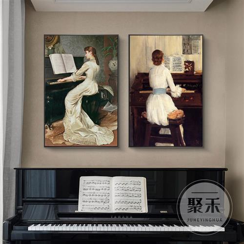 欧式复古艺术风弹钢琴女子装饰画客厅餐厅音乐教室背景墙挂画图片