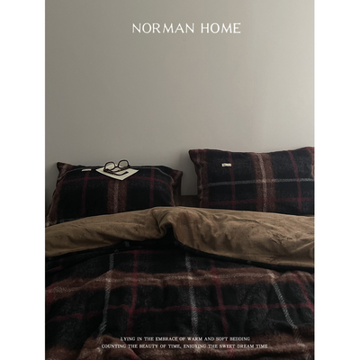 冬季防静电牛奶绒复古格子四件套