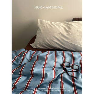 西海岸蓝调 复古条纹全棉水洗棉床上四件套纯棉床单被套床品 美式