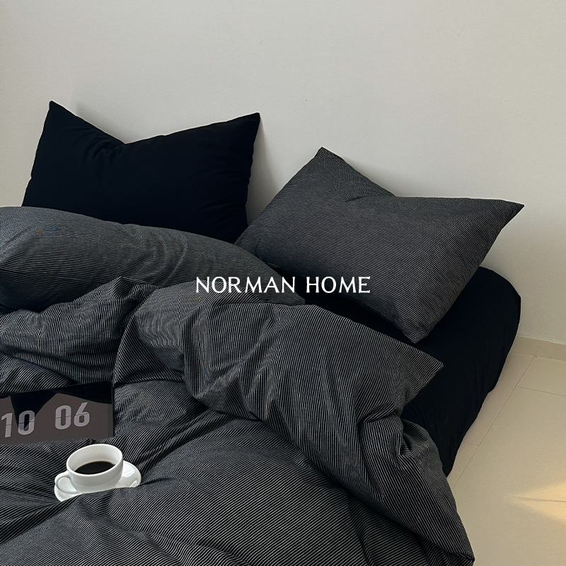 日系冷淡风纯棉水洗棉条纹四件套