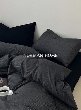 柏林之夜/日系黑色条纹水洗棉四件套纯棉全棉床单笠被套男士床品