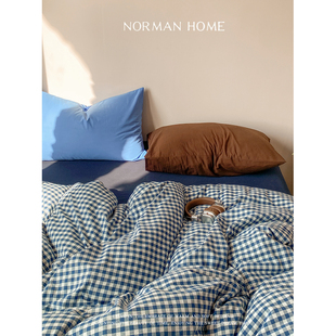 island/蓝调复古格子混搭水洗棉床上四件套纯棉床单被套床笠床品