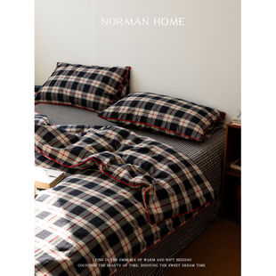 镰仓物语 全棉水洗棉格子床上四件套纯棉床单被套床笠复古床品