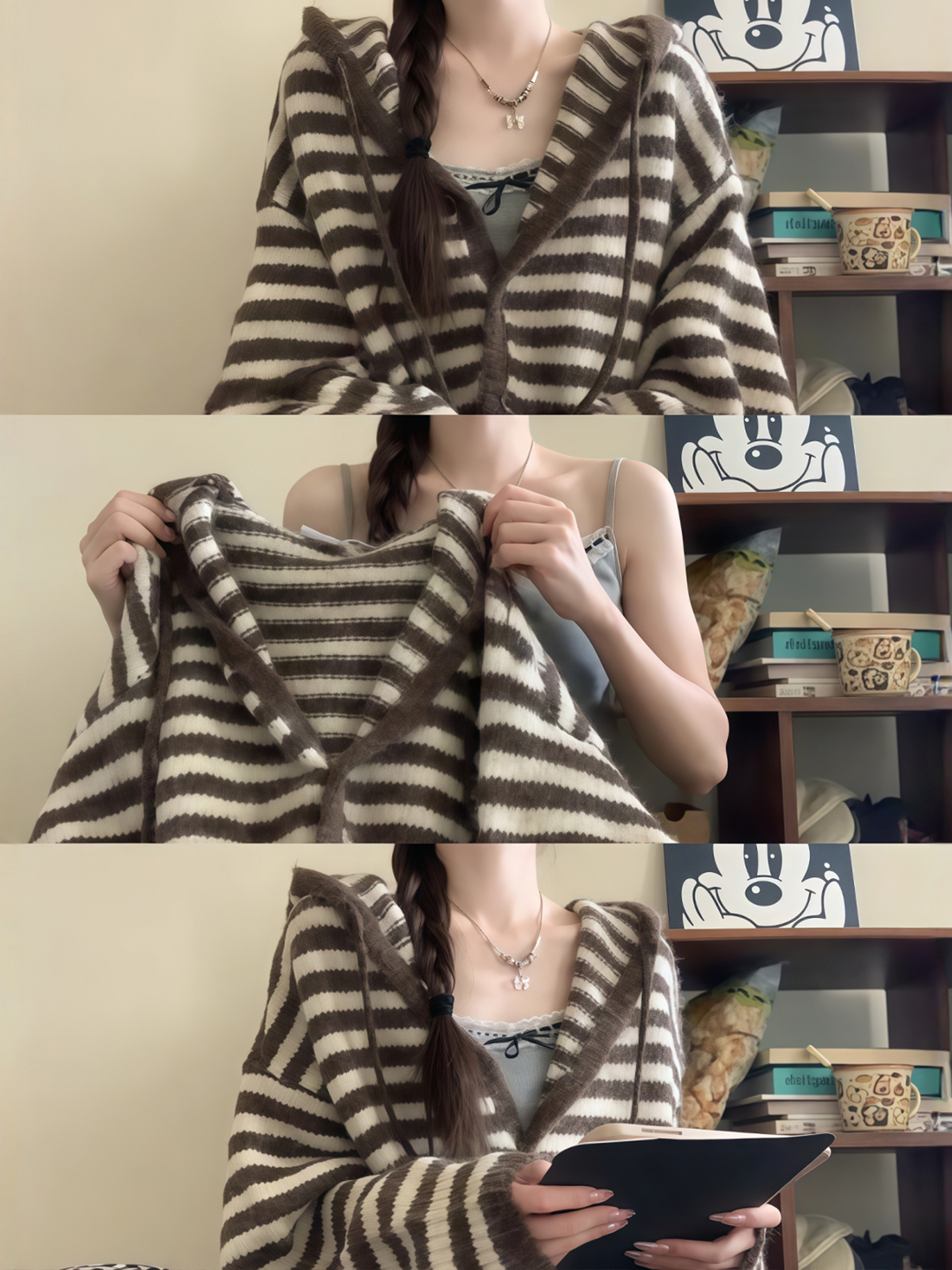 韩系慵懒风咖色条纹连帽毛衣外套女秋冬高级感中长款针织卫衣开衫