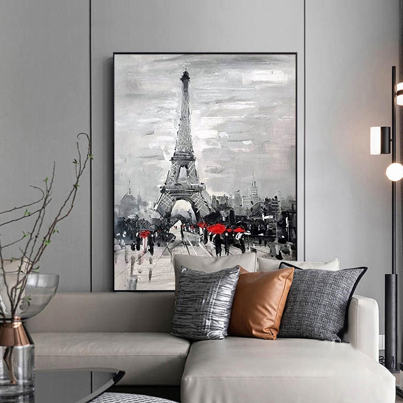 欧式黑白建筑客厅装饰画手绘油画埃菲尔铁塔风景卧室玄关肌理挂画图片