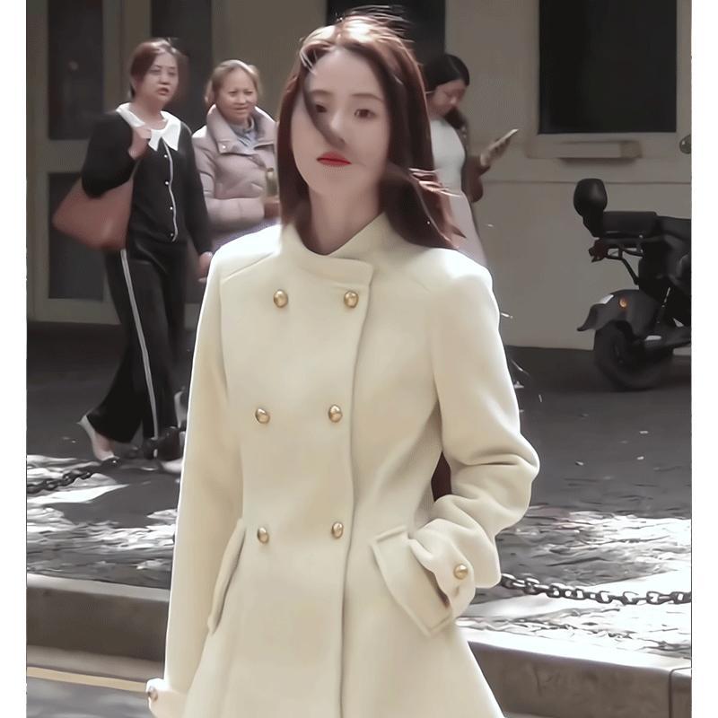 欧美风女装新款2025时尚百搭双排扣毛呢大衣外套