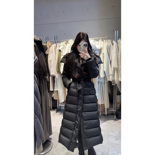 冬季黑色女过膝加厚收腰羽绒服