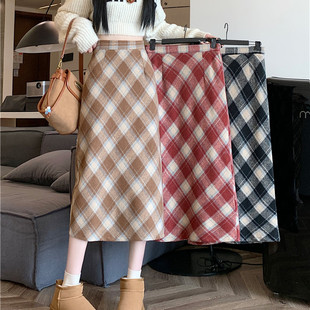 毛呢高腰遮肉显瘦长裙chi格子中长半身裙女 韩版 小甜吖新款 冬季
