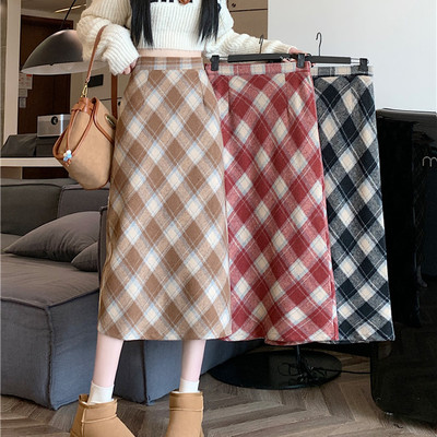 小甜吖新款冬季韩版毛呢高腰遮肉显瘦长裙chi格子中长半身裙女