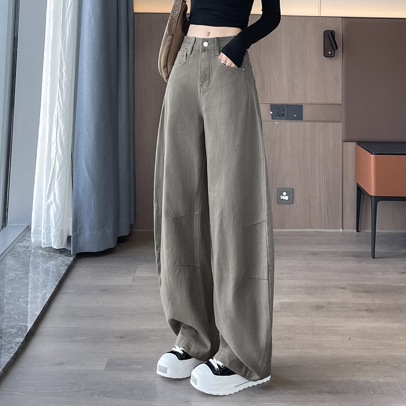 小甜吖高品质款美式复古街头工装牛仔裤女宽松高腰弯刀阔腿裤子