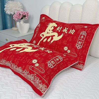 马年喜庆大红三层棉纱布枕巾一对装高档卡通可爱防汗加厚枕头巾