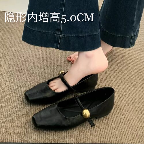 超软小羊皮~5cm内增高法式单鞋女中粗跟小皮鞋配裙子复古玛丽珍鞋