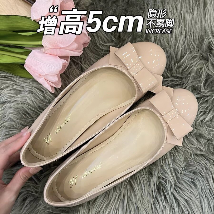 羊皮版~小个子内增高单鞋2026春夏新款蝴蝶结小香风配裙子平底鞋