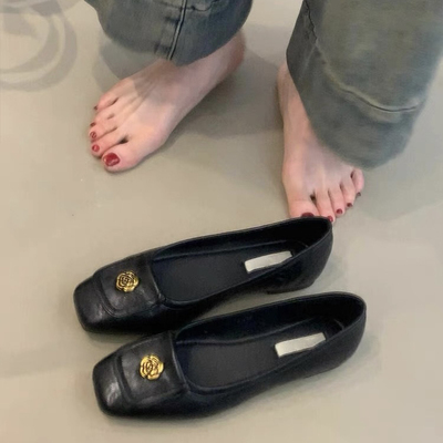 羊皮版~金典山茶花一脚蹬小单鞋女方头复古风真皮百搭平底晚晚鞋