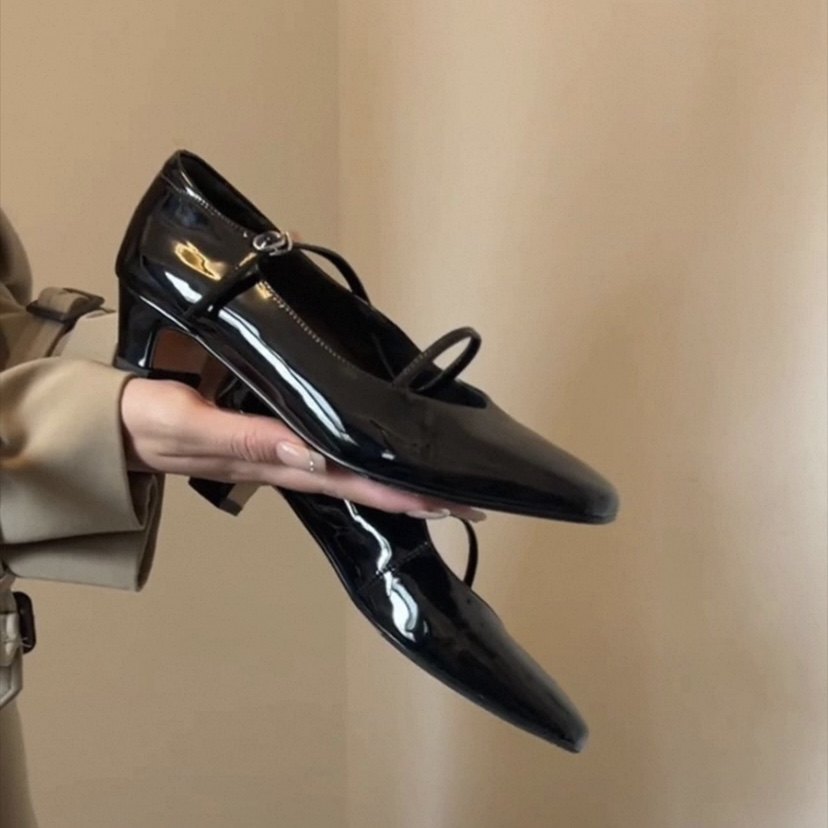 羊皮版法式方头粗跟单鞋女夏通勤气质百搭软底中跟一脚蹬玛丽珍鞋