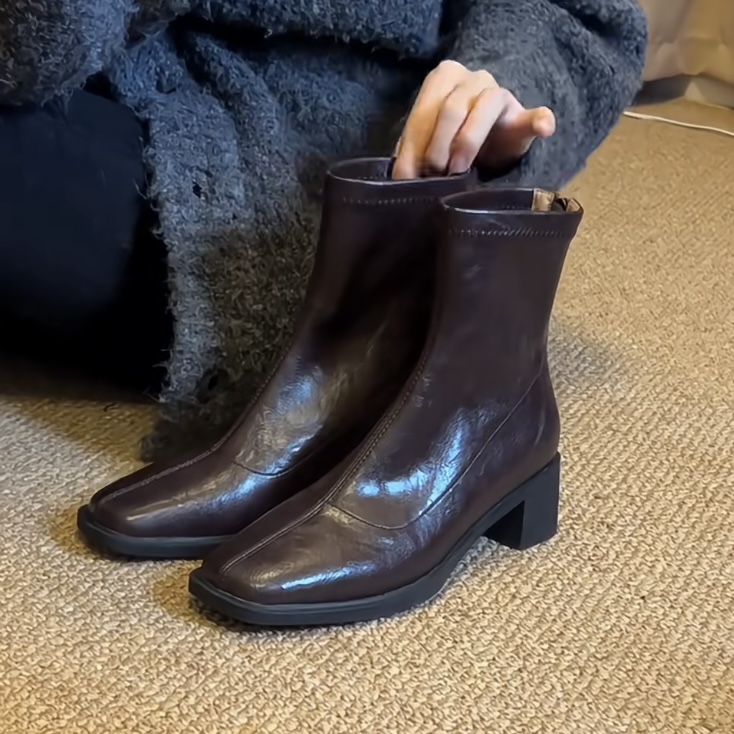 牛皮版~方头秋冬粗跟弹力瘦瘦靴女高跟百搭短靴新款法式马丁靴子