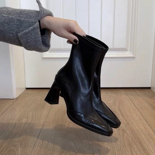 超软真皮方头粗跟瘦瘦靴马丁靴女