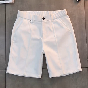 男中线设计半松紧腰透气直筒五分裤 夏季 斜纹肌理简约纯色休闲短裤