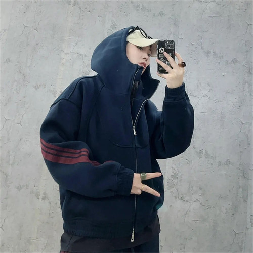 重磅针织550g三条杠拼接连帽卫衣