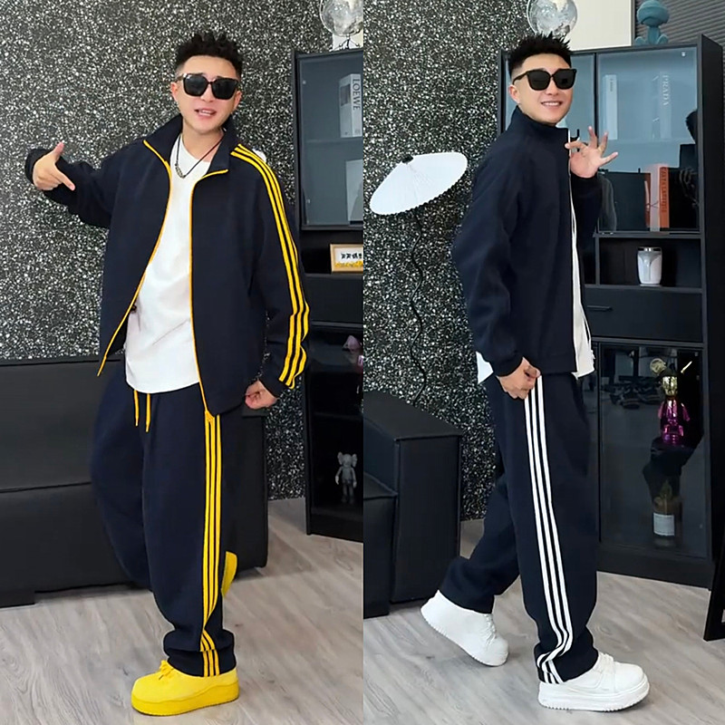 潮牌美式撞色三条杠运动卫衣套装