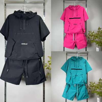 夏季薄款美式连帽速干休闲运动套装男痞帅时尚宽松短袖短裤两件套