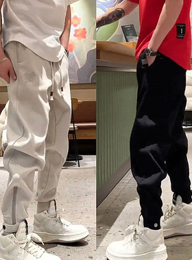 刺绣拼接束脚拉链运动卫裤男士冬季新款潮流百搭宽松哈伦休闲长裤