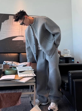 2025新款春季拼接简约休闲运动套装男高级慵懒风外套休闲裤两件套