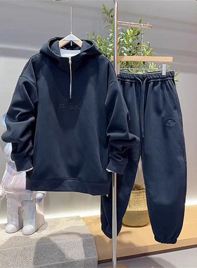 秋冬加绒字母刺绣拉链连帽卫衣休闲运动套装男宽松卫衣卫裤两件套