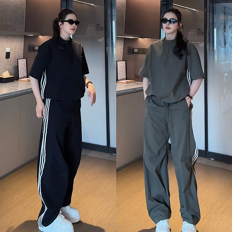 夏季拼接条纹冰丝速干运动套装男