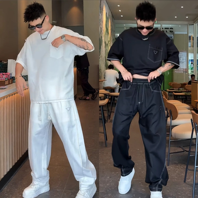 夏季新款明线亚麻透气休闲运动套装男冰丝速干圆领上衣长裤两件套