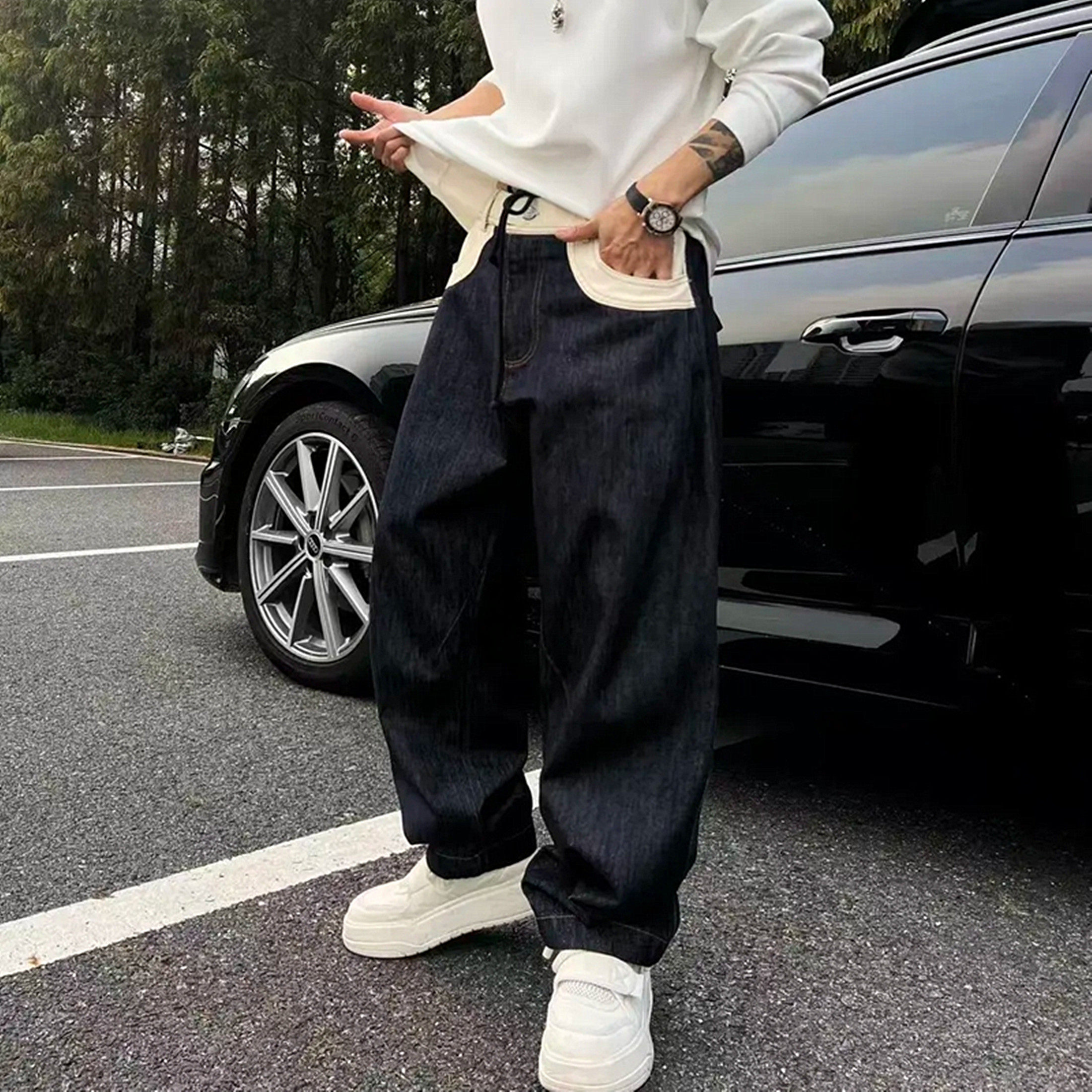 秋季新款拼接撞色弯刀牛仔裤男时尚休闲百搭阔腿宽松卷边直筒长裤,男装,休闲裤,淘宝优惠券,粉丝福利购,淘宝优惠卷