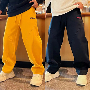 百搭宽松直筒休闲裤 冬季 男潮流时尚 字母刺绣运动弯刀卫裤 加绒美式