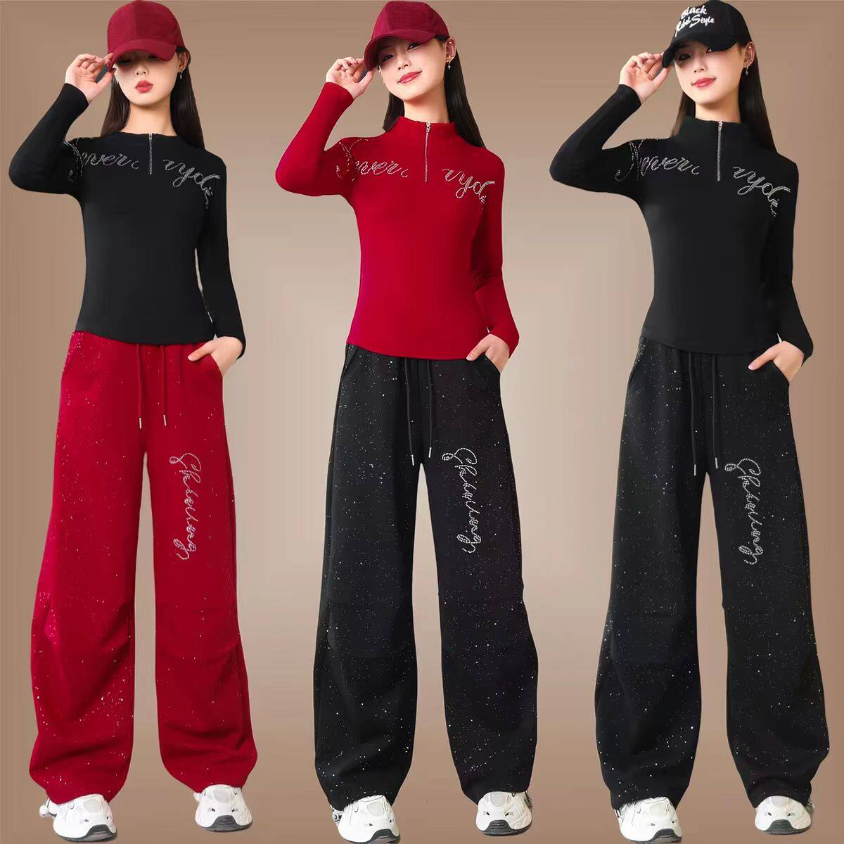 广场舞服装新款套装曳步舞半拉链运动上衣女宽松阔腿裤爵士舞衣服