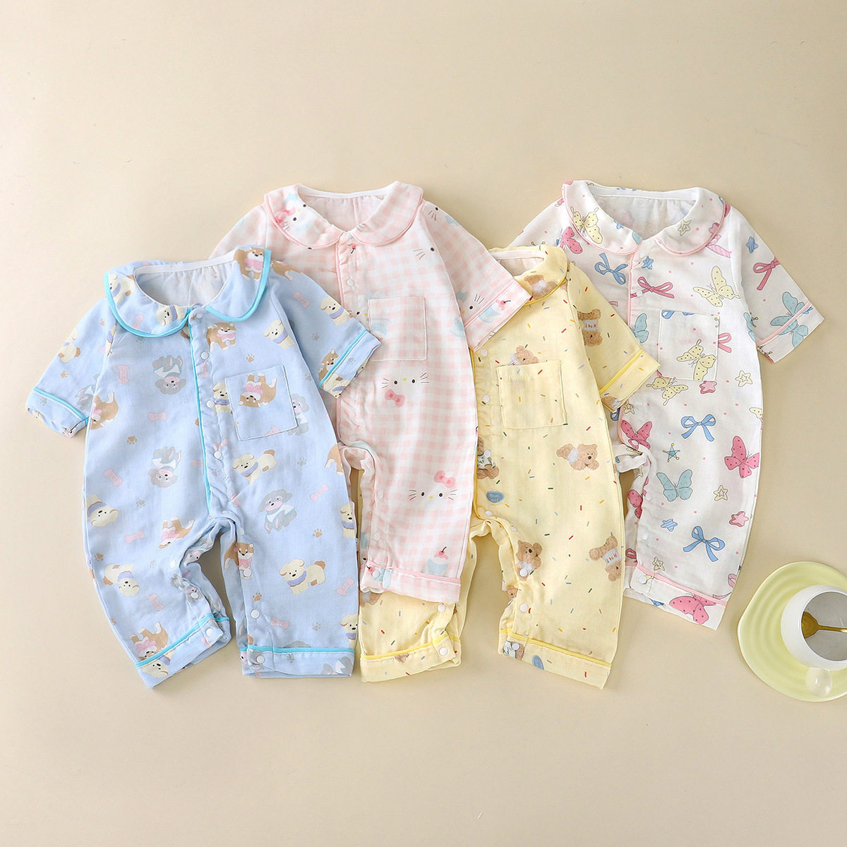 新款空调服夏季~婴儿连体衣纯棉无骨短袖薄款A类女宝宝哈衣爬爬服