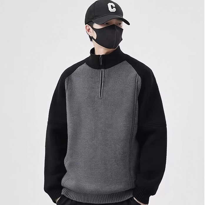 美式重磅撞色拼接半高领毛衣男女情侣针织衫复古半拉链拼色打底衫