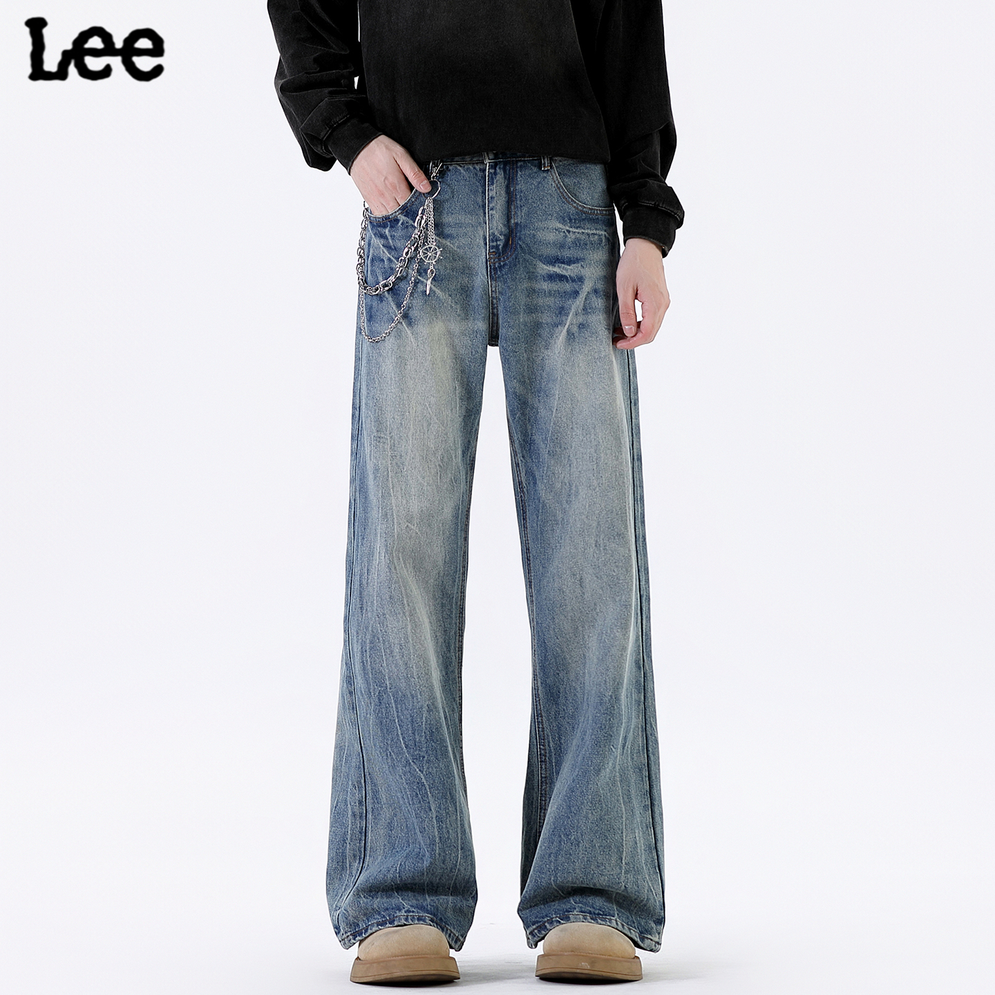 Lee高端牛仔裤男2025秋冬季款美式复古裂纹水洗做旧闪电微喇长裤