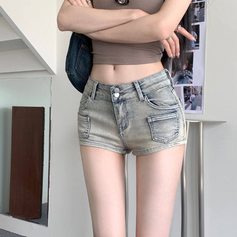 美式辣妹牛仔超短裤女小个子春夏季修身显瘦包臀弹力直筒阔腿热裤