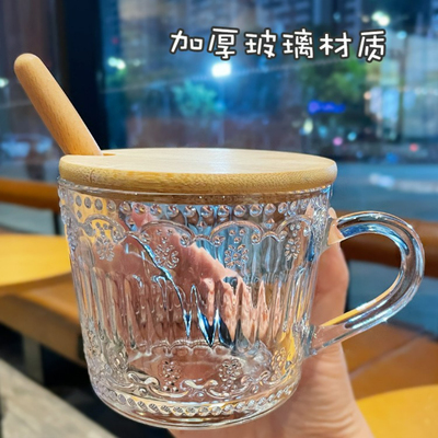热销300+复古浮雕玻璃早餐杯