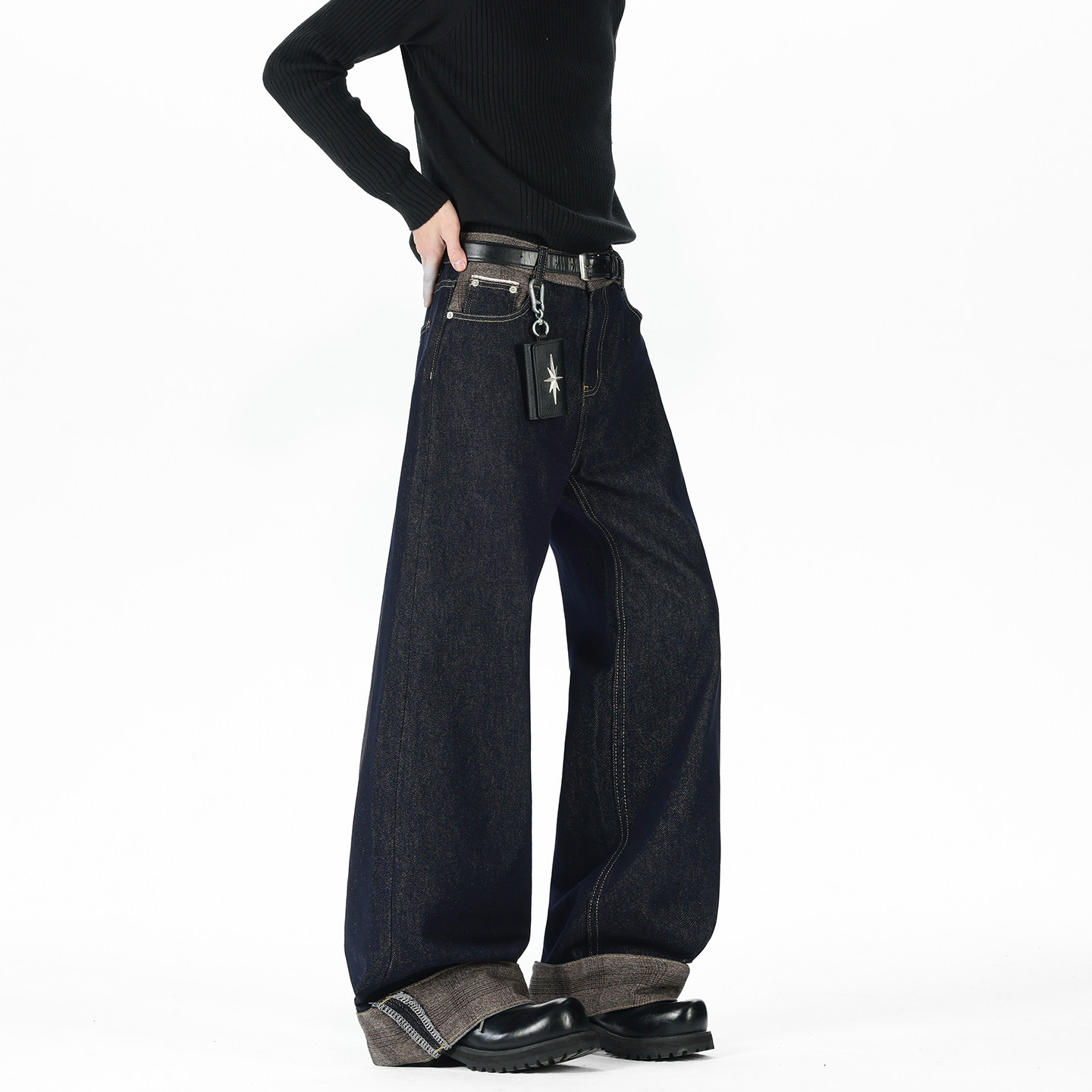 A412-DM561-特P55-限价98-复古格纹拼接卷边牛仔裤，男装牛仔裤，电商A412