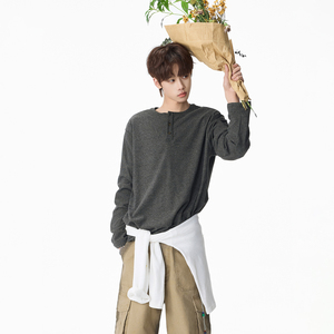 原创现货A412-FM2517-特P45-羊毛混纺亨利领打底长袖，男装T恤，电商A412