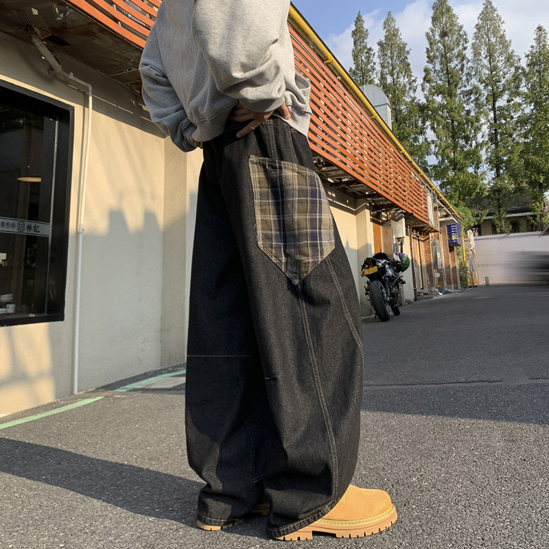 现货1000-A412-DM234-P68-限88-拼接格子宽松弯刀萝卜牛仔裤图片